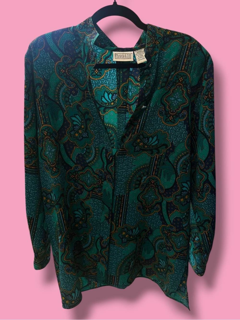 Vintage Christie & Jill Teal Paisley V-Neck Blouse w/ Shoulder Pads